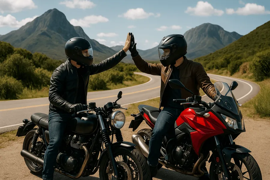 Deux amis motards gay portant des casques intégraux se donnent un high-five tout en restant immobiles sur leurs motos, arrêtées dans un petit espace en bordure d'une route de montagne sinueuse. L'un conduit une moto sportive noire, l'autre une moto de style classique. Autour d'eux, un paysage de montagnes, de vallées verdoyantes et d'un ciel bleu ponctué de nuages complète la scène en plein midi.